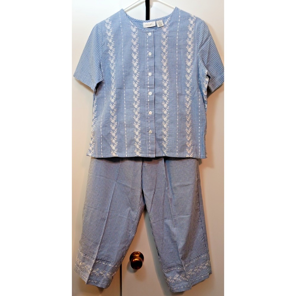 90s womens 2pc capri seersucker embroidered grandmacore coastal boxy cottagecore - Picture 2 of 11